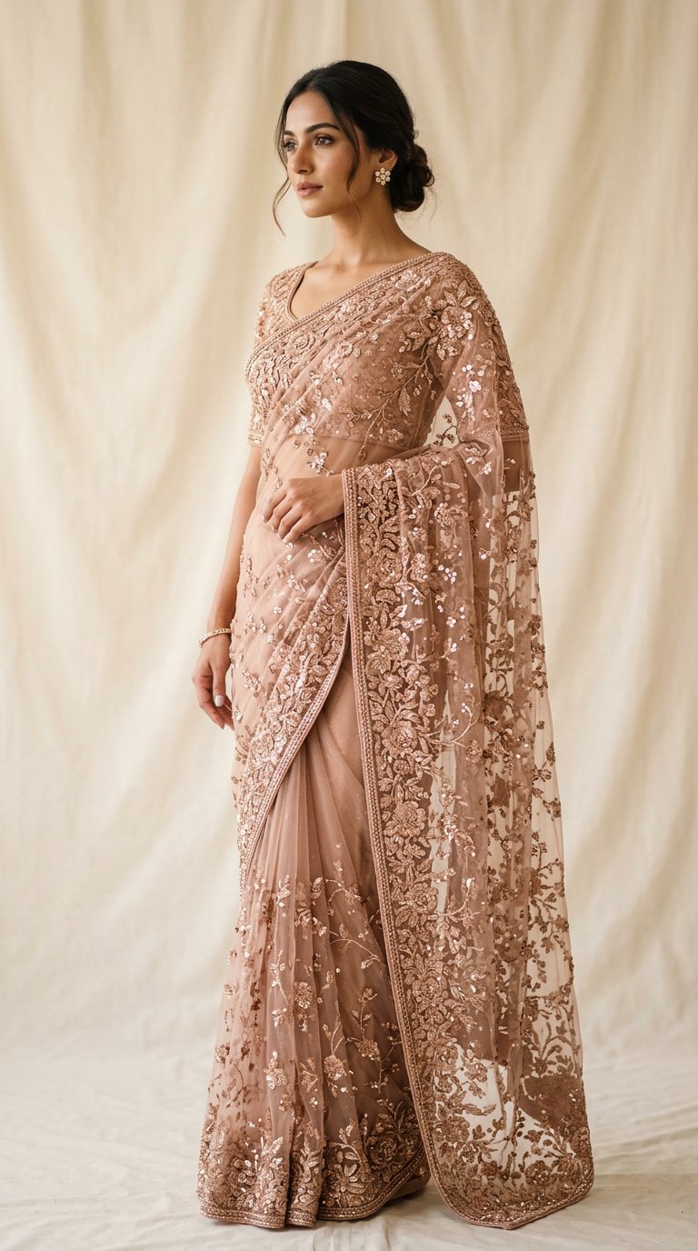 Rose Gold Embroidered Saree